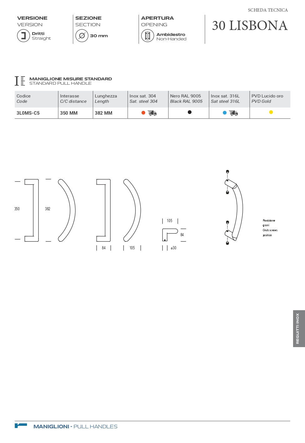 MANIGLIONE LISBONA IN ACCIAIO INOX CODICE  A3LOMSC55SA