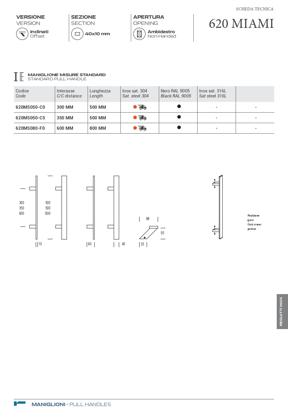 MANIGLIONE MIAMI DRITTO ACCIAIO INOX SATINATO CODICE A620MD05